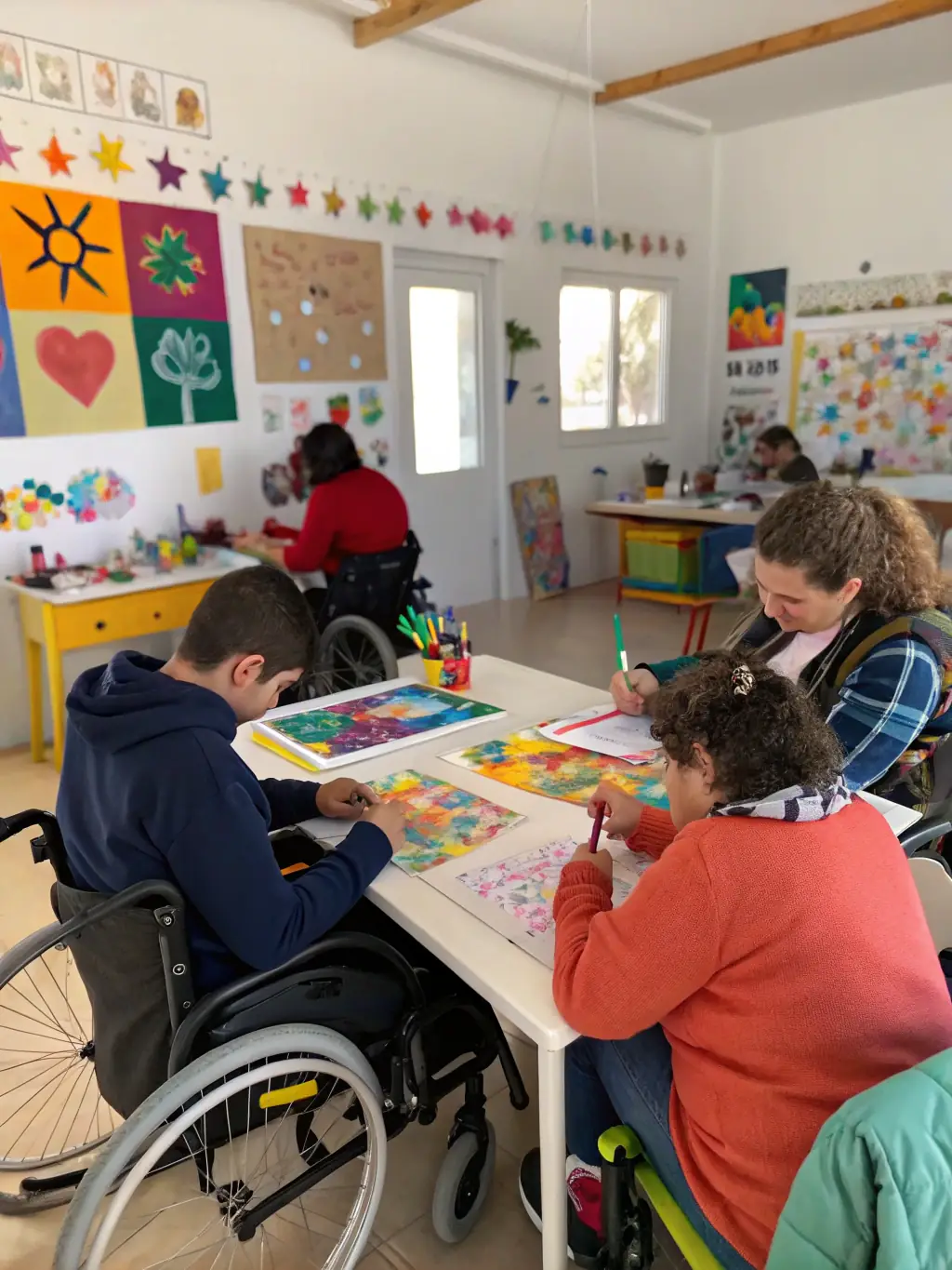 An inclusive art studio with artists of varying abilities working on different projects, using adaptive tools and receiving personalized support, promoting inclusivity and creative expression.
