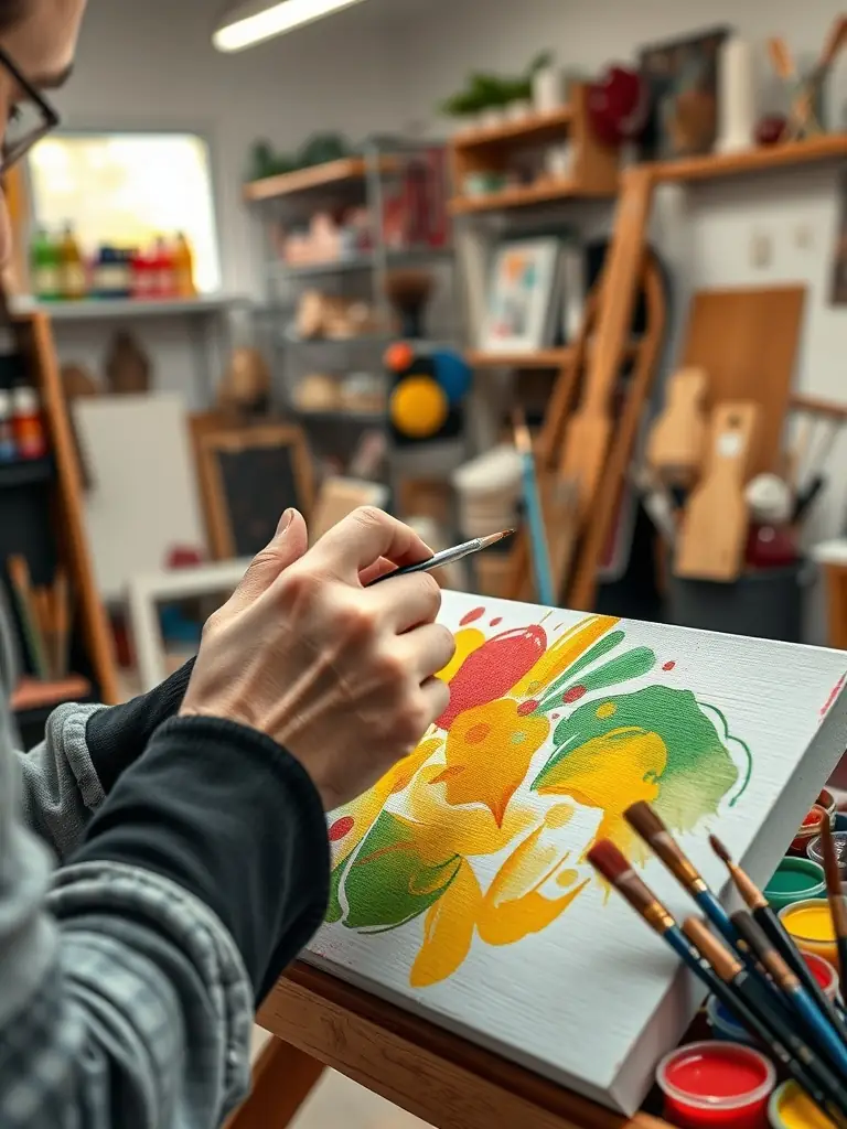 An artist with a disability working on a painting in a specially equipped studio, demonstrating ARTEFACT COMPAGNIE's commitment to inclusive art practices.