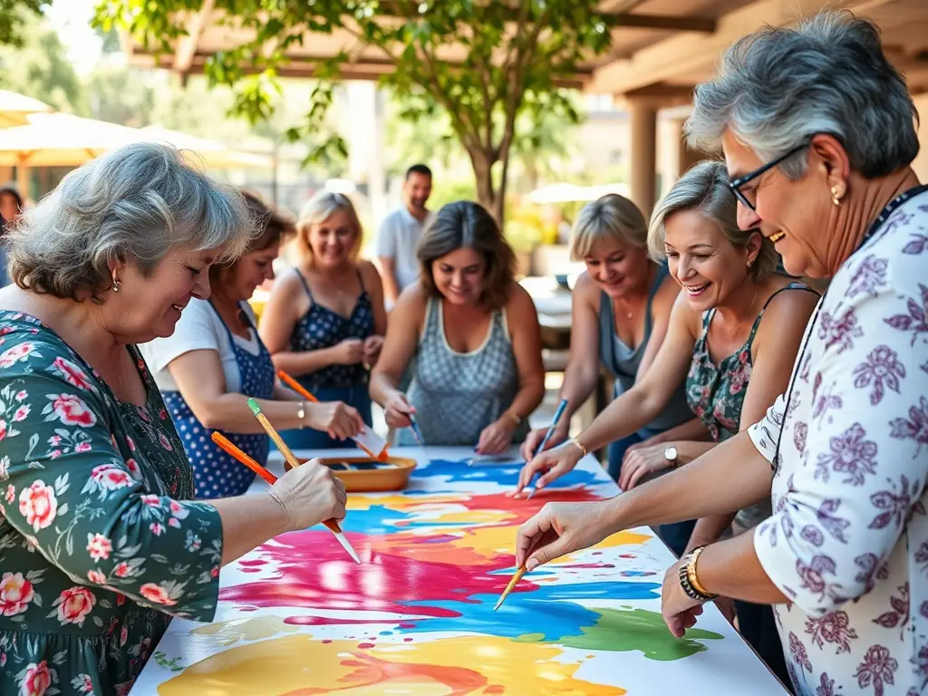 A vibrant image depicting participants of all ages engaged in a community art workshop, painting a large mural together, showcasing collaboration and creative expression.