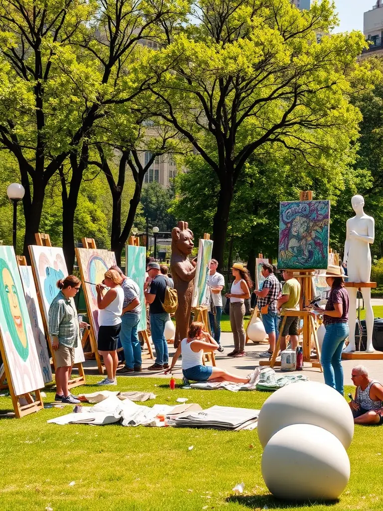 A vibrant image of diverse participants engaged in a collaborative painting session outdoors, showcasing joy and creativity.
