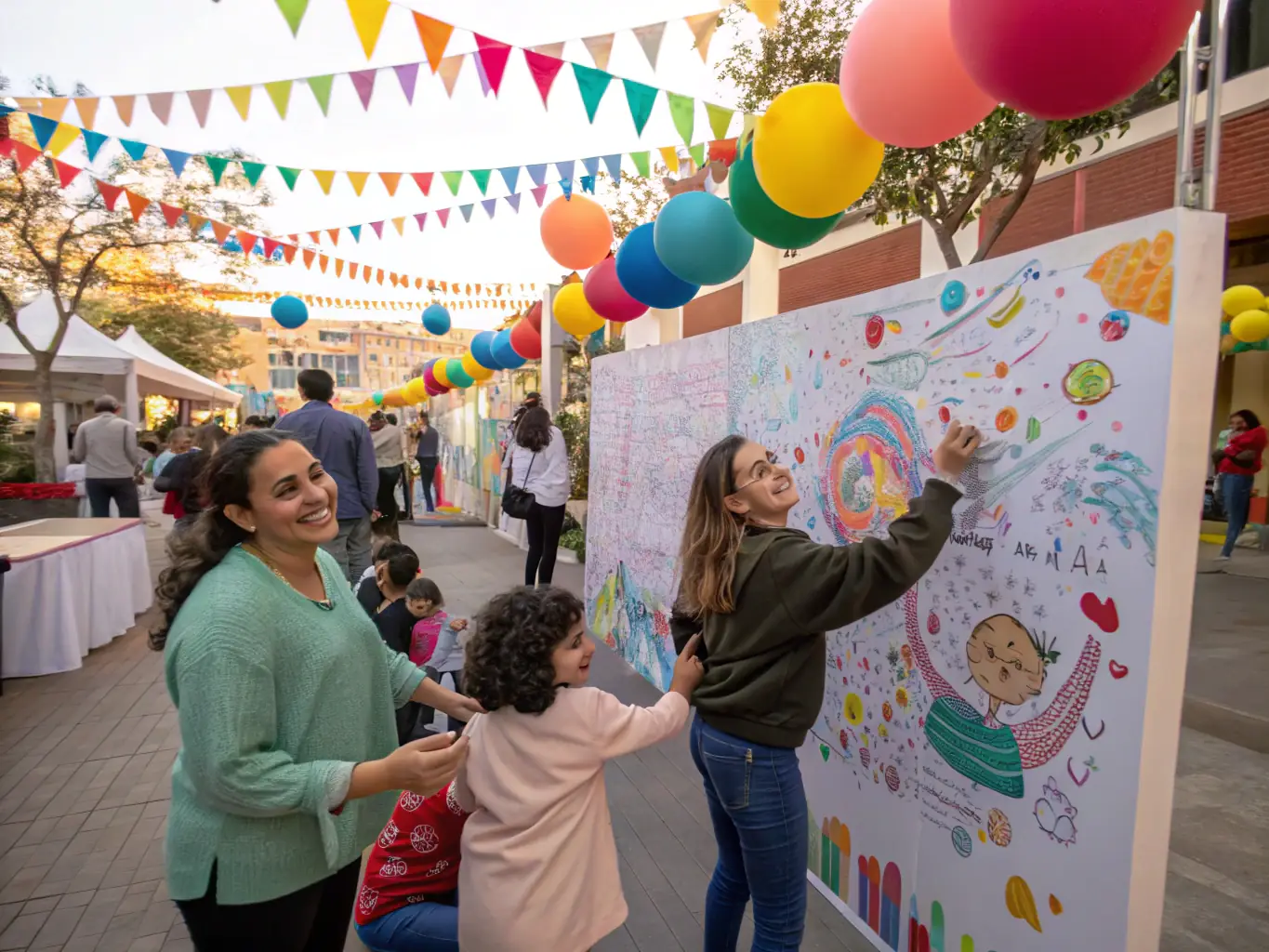 A vibrant image of diverse participants engaged in a collaborative painting session outdoors, showcasing joy and creativity, representing the Community Art Workshops.