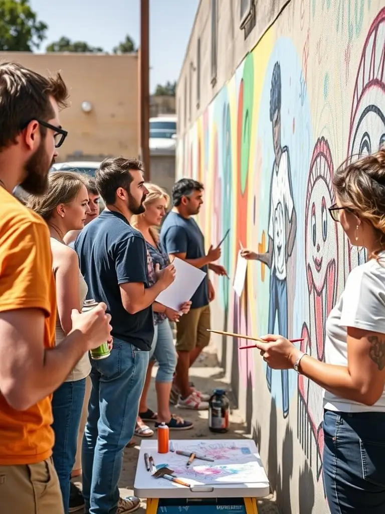 Image of a group of young people working on a large-scale mural in an urban environment, showcasing vibrant colors and community collaboration.