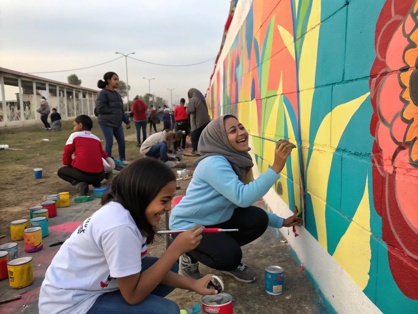 A vibrant photograph capturing participants of all ages engaged in a community art workshop, painting a large mural together, showcasing collaboration and creative expression.