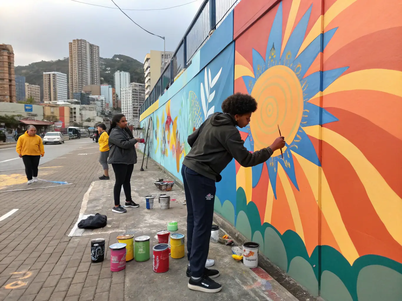 A photo of the 'Urban Art Mural Project' showing the completed mural with local youth standing proudly in front of their collaborative artwork.