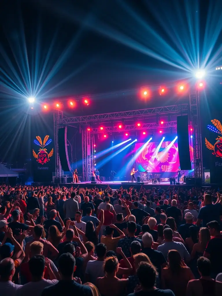 A vibrant scene from a cultural festival, featuring young artists performing on stage, surrounded by an enthusiastic audience, representing ARTEFACT COMPAGNIE's cultural outreach programs.