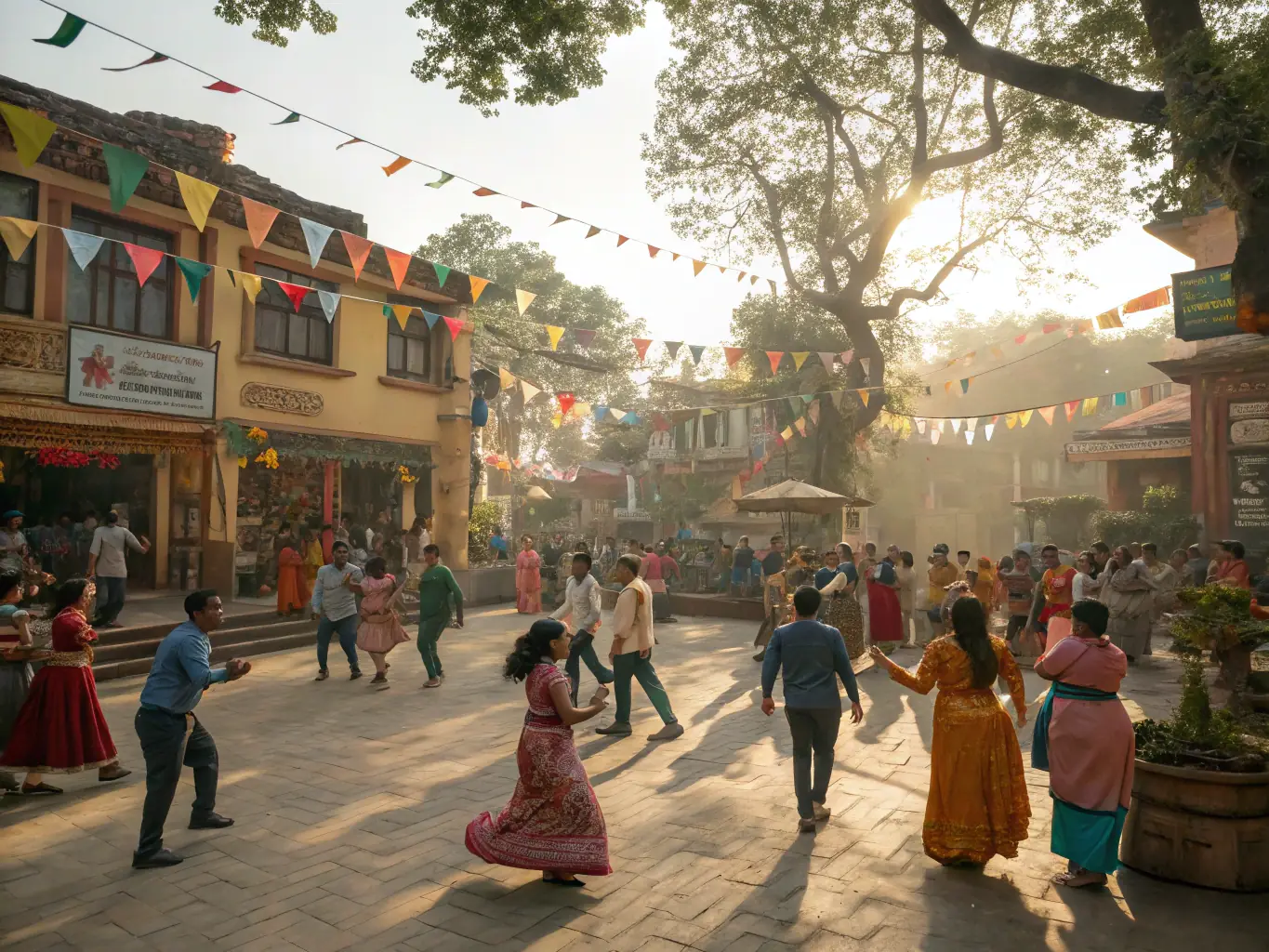 A photograph capturing a lively cultural outreach event in an underserved community, featuring performers, artists, and local residents interacting and celebrating together.