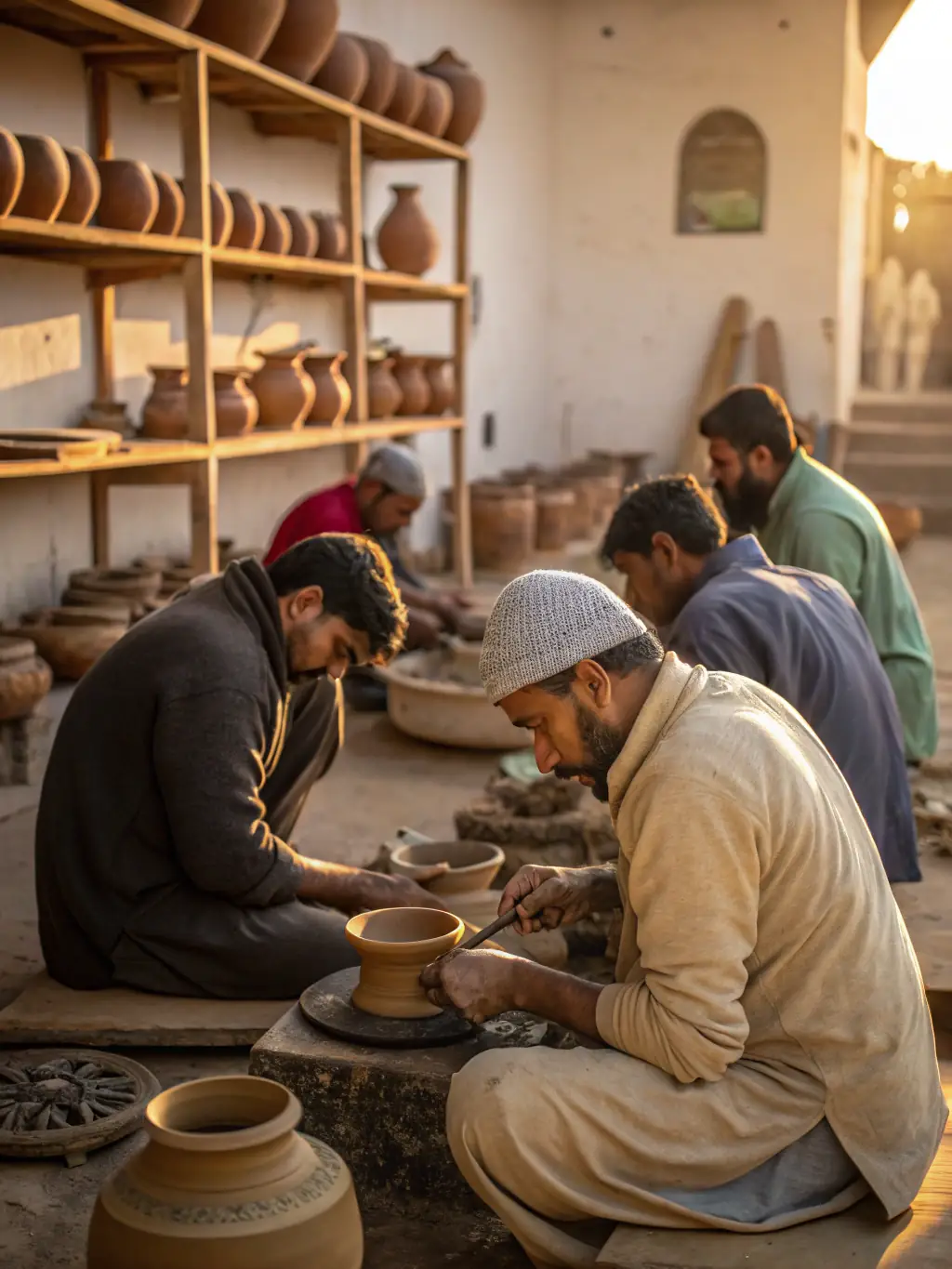A group of diverse individuals participating in a pottery workshop, their hands covered in clay as they mold various shapes, showcasing the hands-on experience of ARTEFACT COMPAGNIE's community art workshops.