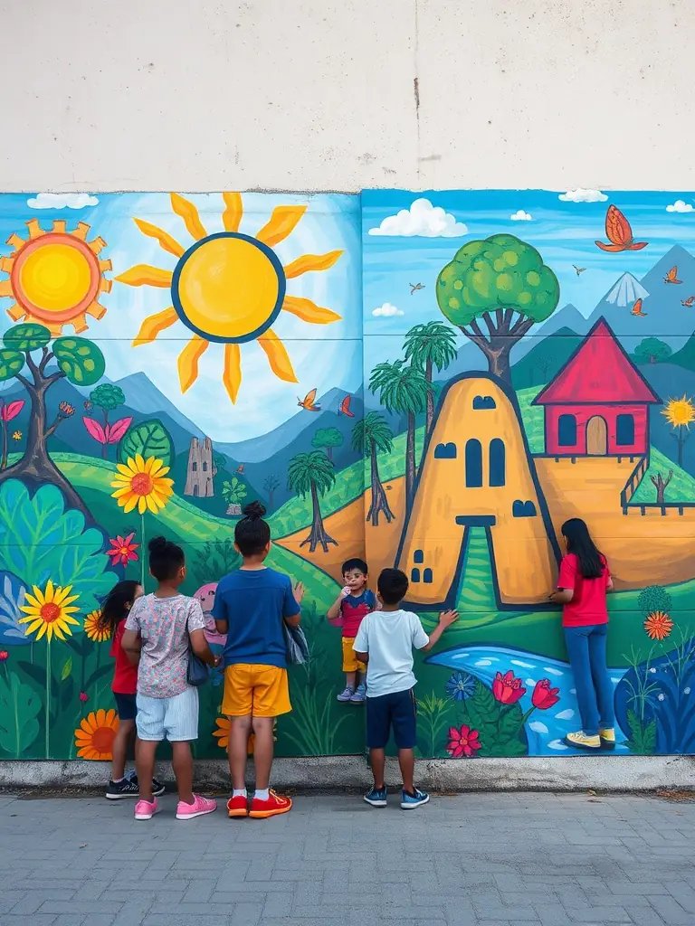A colorful urban art mural created by local youth, transforming a public space into a vibrant piece of art that reflects community identity and collaboration.