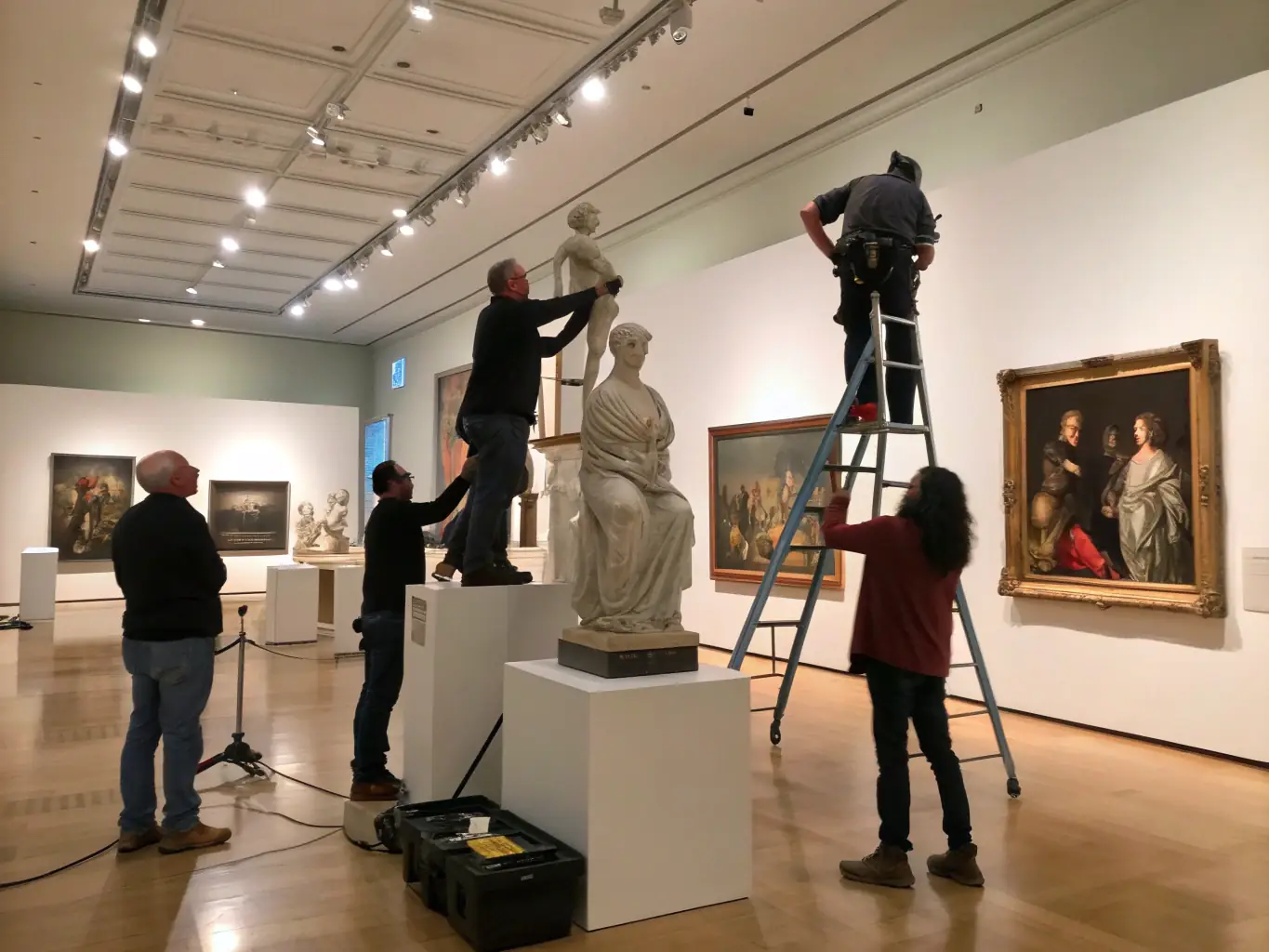 A photograph of a group of volunteers working together to set up an art exhibition, showcasing community involvement and support.