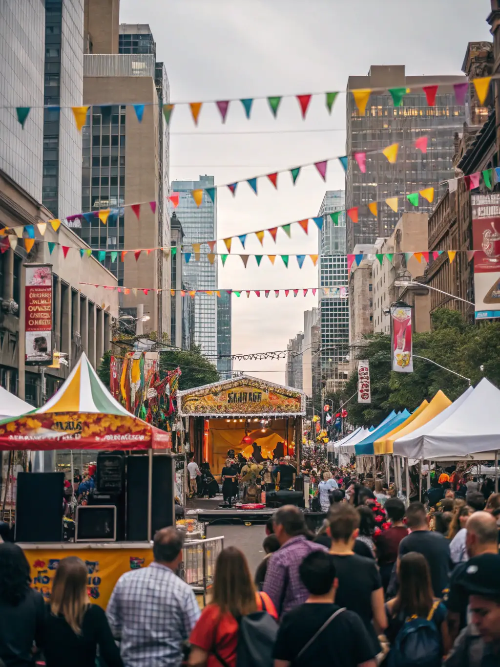 A vibrant scene from a cultural festival, featuring young performers on stage, surrounded by an enthusiastic audience, celebrating diversity and artistic talent.