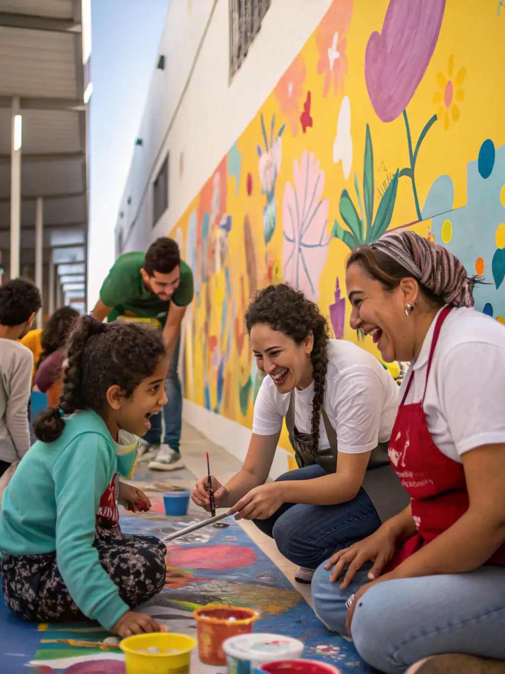A diverse group of people participating in a collaborative art project, painting a large canvas together, showcasing community engagement and artistic expression.